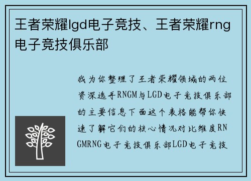 王者荣耀lgd电子竞技、王者荣耀rng电子竞技俱乐部